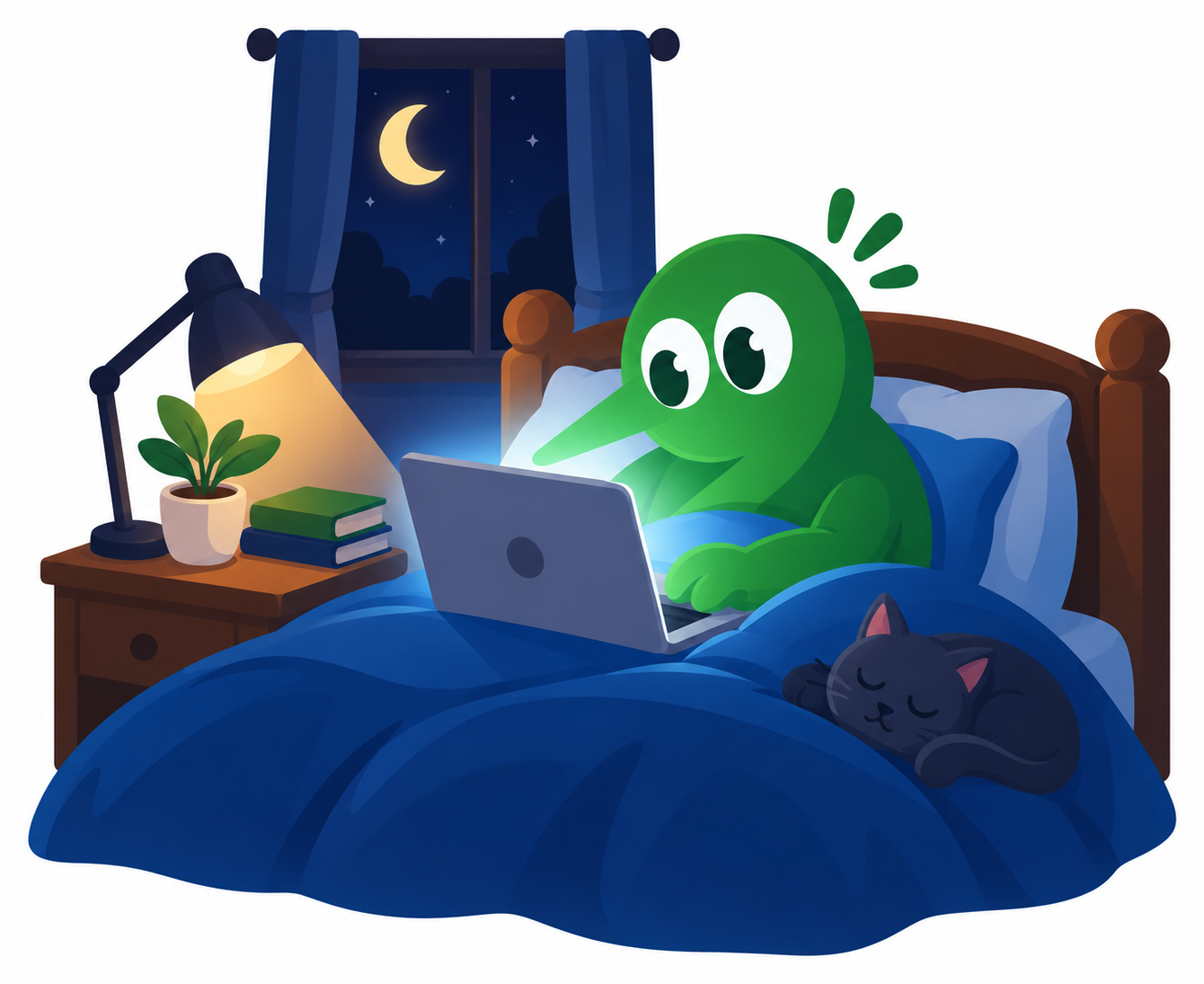 Kōwhai the kiwi, up late marking in bed
